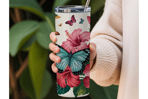Butterfly Hibiscus Garden 20oz Tumbler Sublimation DesignSVG 