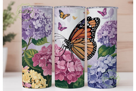 Butterfly Hydrangea 20oz Tumbler Wrap Sublimation PixelChick 
