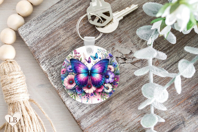 Butterfly Keychain Sublimation, Floral Key Ring PNG Sublimation BijouBay 