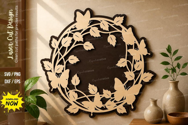 Butterfly Leaf Wreath Frame laser cut svg File SVG Regulrcrative 