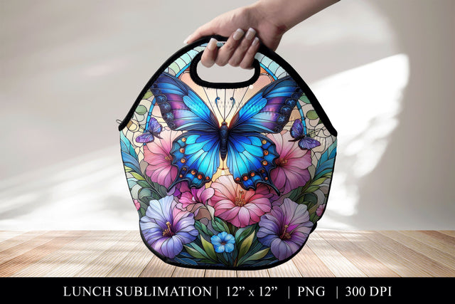 Butterfly Lunch Bag Design, Stained Glass Lunch Tote PNG Sublimation BijouBay 