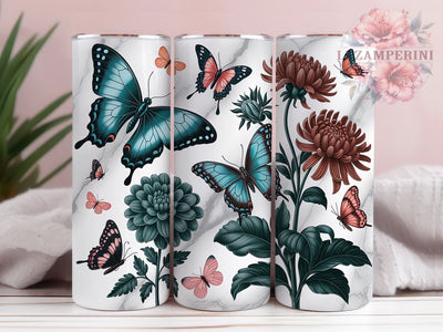 Butterfly Marble Floral 20oz Tumbler Wrap, Floral Pattern, White Marble, Elegant Wrap, Nature Inspired, 20oz Tumbler Wrap, Sublimation PNG Sublimation Li Zamperini 