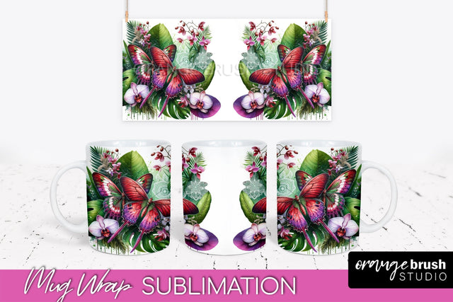 Butterfly Mug Wrap - Flowers Mug Sublimation Design Sublimation OrangeBrushStudio 