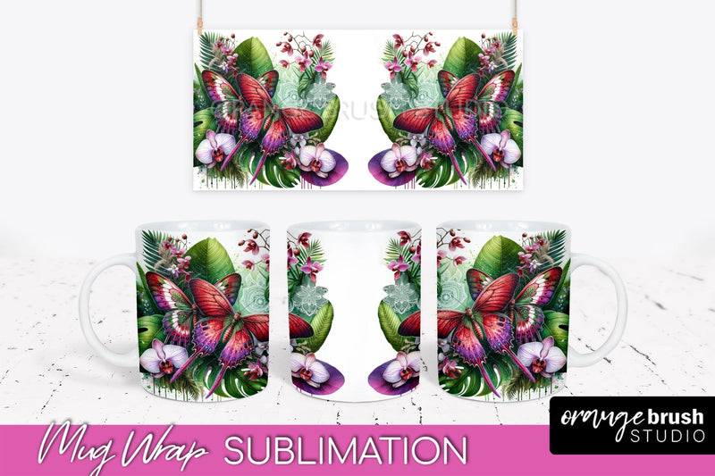 Butterfly Mug Wrap - Flowers Mug Sublimation Design Sublimation OrangeBrushStudio 