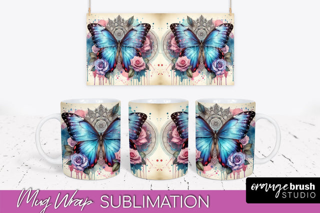 Butterfly Mug Wrap - Flowers Mug Sublimation Design Sublimation OrangeBrushStudio 