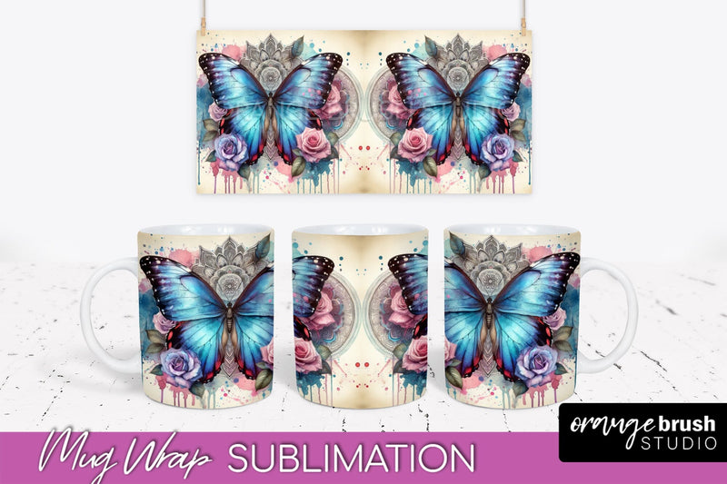 Butterfly Mug Wrap - Flowers Mug Sublimation Design Sublimation OrangeBrushStudio 