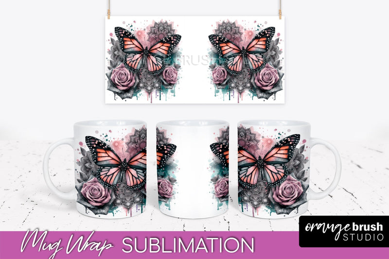 Butterfly Mug Wrap - Flowers Mug Sublimation Design Sublimation OrangeBrushStudio 