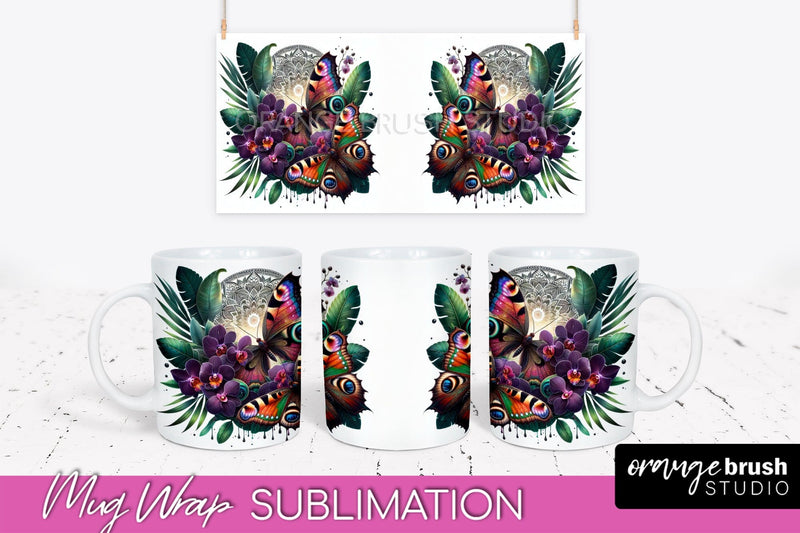 Butterfly Mug Wrap - Flowers Mug Sublimation Design Sublimation OrangeBrushStudio 