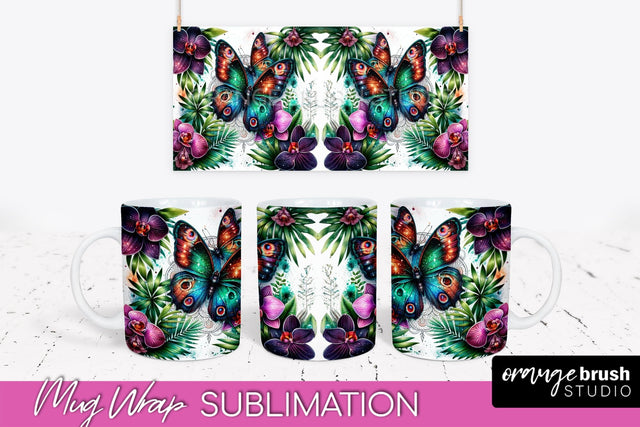 Butterfly Mug Wrap - Flowers Mug Sublimation Design Sublimation OrangeBrushStudio 