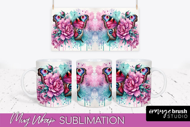 Butterfly Mug Wrap - Flowers Mug Sublimation Design Sublimation OrangeBrushStudio 