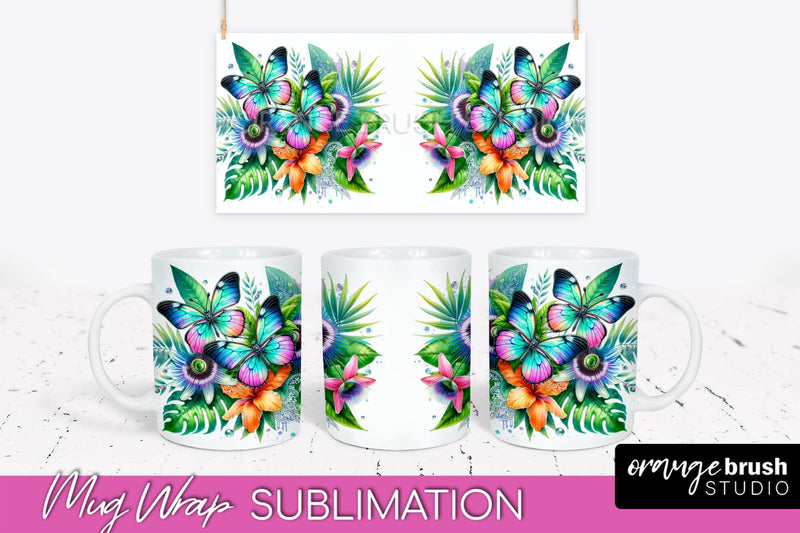 Butterfly Mug Wrap - Flowers Mug Sublimation Design Sublimation OrangeBrushStudio 