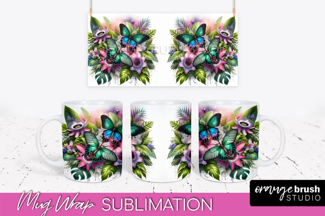 Butterfly Mug Wrap - Flowers Mug Sublimation Design Sublimation OrangeBrushStudio 