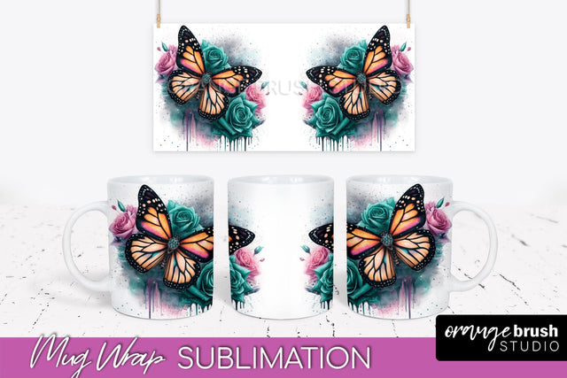 Butterfly Mug Wrap - Flowers Mug Sublimation Design Sublimation OrangeBrushStudio 