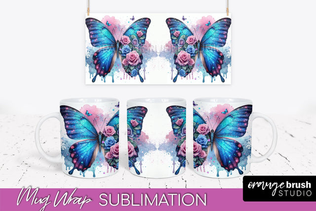 Butterfly Mug Wrap - Flowers Mug Sublimation Design Sublimation OrangeBrushStudio 