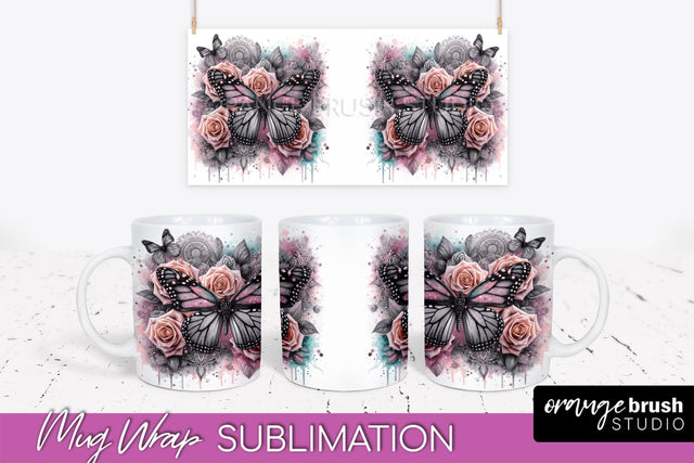 Butterfly Mug Wrap - Flowers Mug Sublimation Design Sublimation OrangeBrushStudio 
