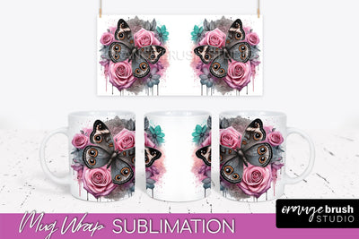 Butterfly Mug Wrap - Flowers Mug Sublimation Design Sublimation OrangeBrushStudio 