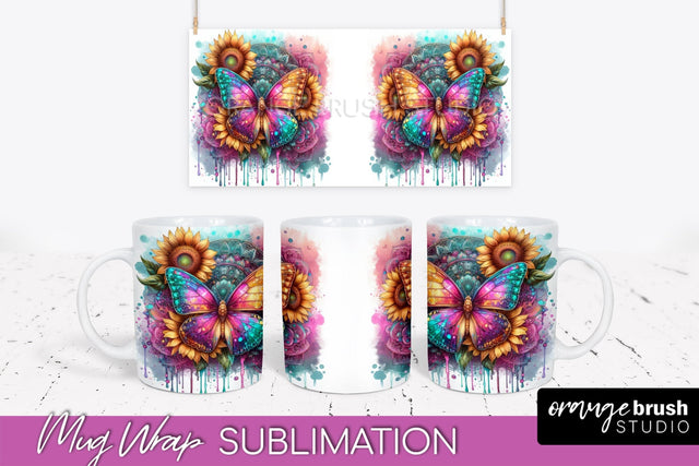 Butterfly Mug Wrap - Flowers Mug Sublimation Design Sublimation OrangeBrushStudio 