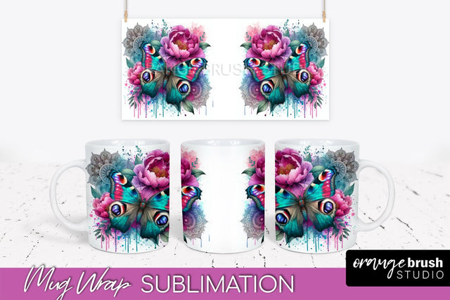 Butterfly Mug Wrap - Flowers Mug Sublimation Design Sublimation OrangeBrushStudio 