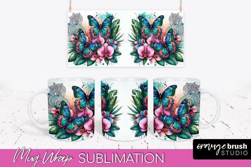 Butterfly Mug Wrap - Flowers Mug Sublimation Design Sublimation OrangeBrushStudio 