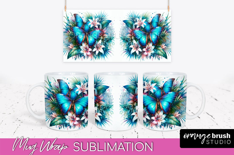 Butterfly Mug Wrap - Flowers Mug Sublimation Design Sublimation OrangeBrushStudio 