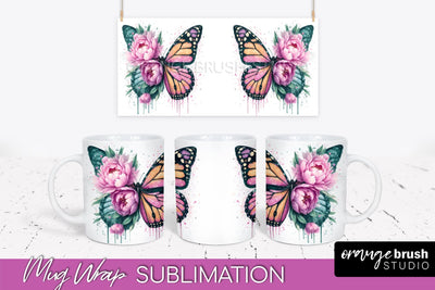 Butterfly Mug Wrap - Flowers Mug Sublimation Design Sublimation OrangeBrushStudio 