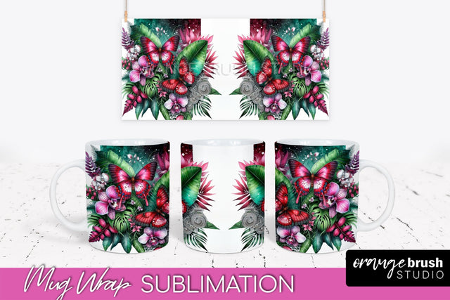 Butterfly Mug Wrap - Flowers Mug Sublimation Design Sublimation OrangeBrushStudio 