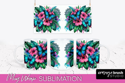 Butterfly Mug Wrap - Flowers Mug Sublimation Design Sublimation OrangeBrushStudio 