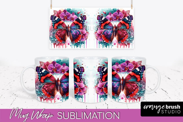 Butterfly Mug Wrap - Flowers Mug Sublimation Design Sublimation OrangeBrushStudio 