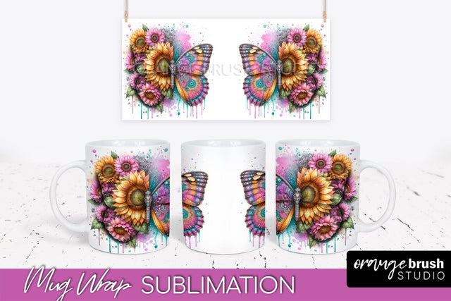 Butterfly Mug Wrap - Flowers Mug Sublimation Design Sublimation OrangeBrushStudio 