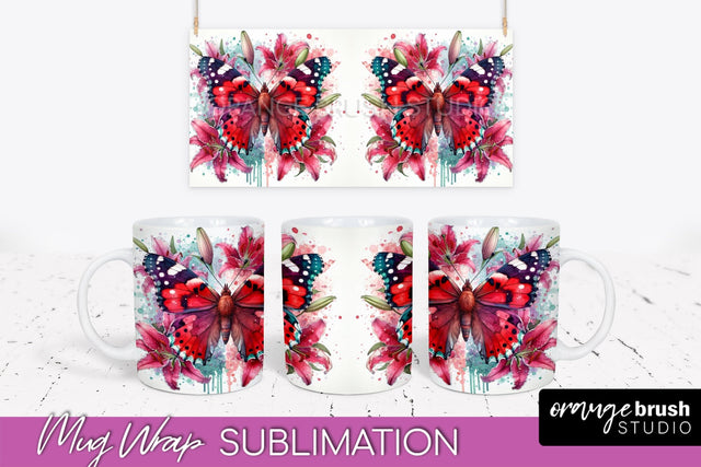 Butterfly Mug Wrap - Flowers Mug Sublimation Design Sublimation OrangeBrushStudio 