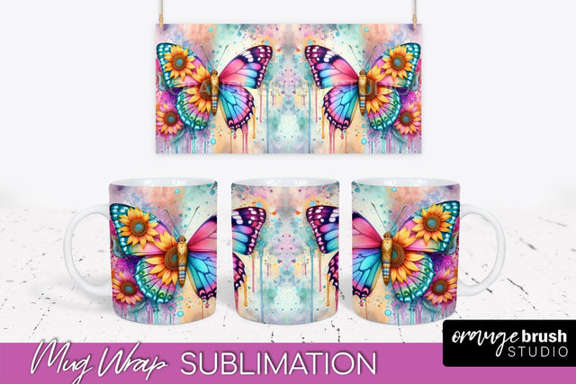 Butterfly Mug Wrap - Flowers Mug Sublimation Design Sublimation OrangeBrushStudio 