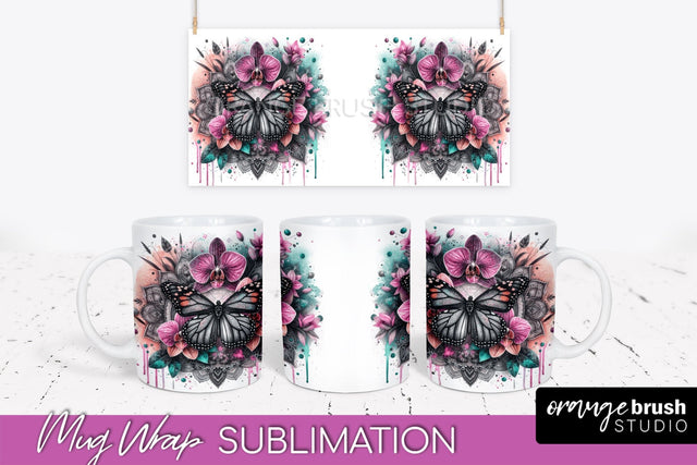 Butterfly Mug Wrap - Flowers Mug Sublimation Design Sublimation OrangeBrushStudio 