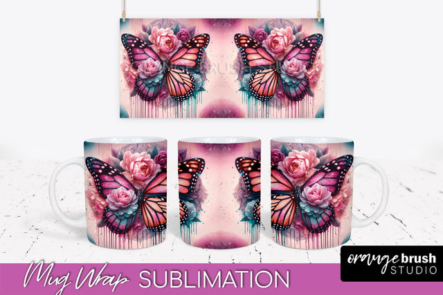 Butterfly Mug Wrap - Flowers Mug Sublimation Design Sublimation OrangeBrushStudio 