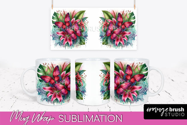 Butterfly Mug Wrap - Flowers Mug Sublimation Design Sublimation OrangeBrushStudio 