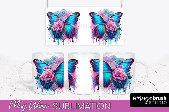Butterfly Mug Wrap - Flowers Mug Sublimation Design Sublimation OrangeBrushStudio 