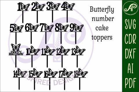 Butterfly number cake toppers, 19 designs SVG laser cut SVG APInspireddesigns 