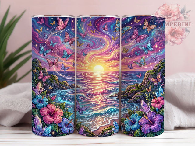 Butterfly Ocean Sunset 20oz Tumbler, Butterfly Ocean, Ocean Sunset, Butterfly Sunset, Sunset Tumbler, Butterfly Tumbler, Ocean Tumbler, 20oz Tumbler Wrap Sublimation Li Zamperini 