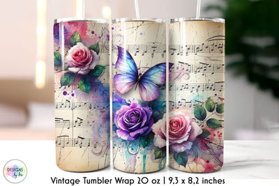 Butterfly on Vintage Music Sheet Tubmbler Wrap Sublimation Designs by Ira 