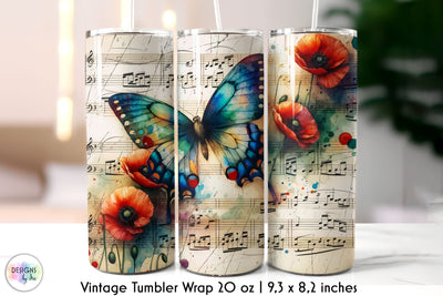 Butterfly on Vintage Music Sheet Tumbler Wrap Sublimation Designs by Ira 