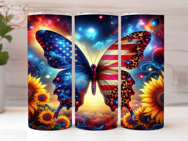 Butterfly Patriotic 20oz Tumbler Png, Straight & Tapered Tumbler Png, Floral American Flag Tumbler Png, Digital Download PNG Sublimation Lara' s Designs 