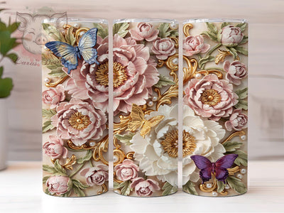 Butterfly Peonies Art 20oz Tumbler, 3D Ceramic Art, Pastel Pink Peonies, White Peonies, Golden Centers, Iridescent Accents, Sublimation PNG Sublimation Lara' s Designs 