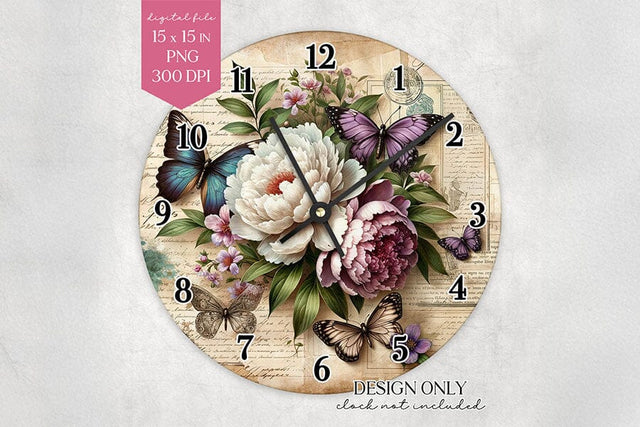 Butterfly Peony Wall Clock Sublimation Design PNG Sublimation BijouBay 
