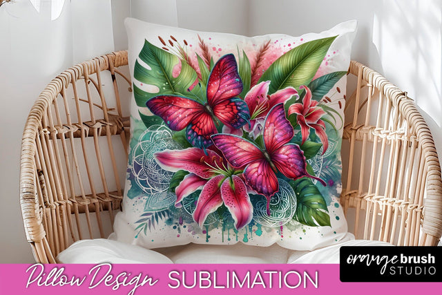 Butterfly Pillow Cover - Flowers Pillow Sublimation Sublimation OrangeBrushStudio 