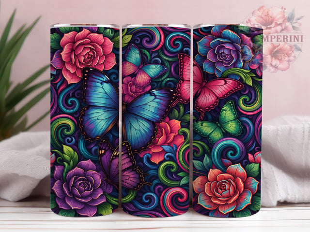 Butterfly Psychedelic Floral 20oz Tumbler, Psychedelic Butterfly, Floral Pattern, Colorful Design, Whimsical Charm, Boho Motif, Skinny Tumbler, Sublimation PNG Sublimation Li Zamperini 