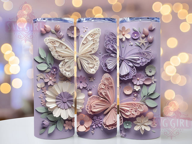 Butterfly Quilling Floral Tumbler, Floral Quilling Tumbler, 20Oz Sublimation, Paper Quill Style Design, Butterfly Floral Printable, Quilling Art Wrap, Elegant Butterfly Flowers Sublimation SvggirlplusArt 