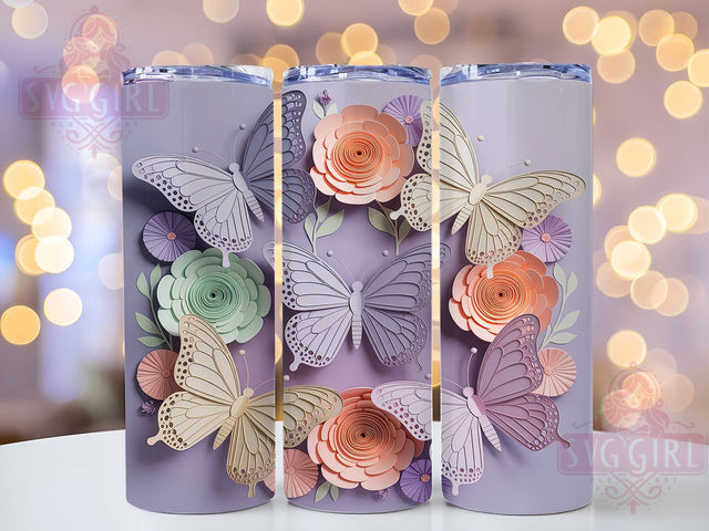 Butterfly Quilling Floral Tumbler, Floral Quilling Tumbler, 20Oz Sublimation, Paper Quill Style Design, Butterfly Floral Printable, Quilling Art Wrap, Elegant Butterfly Flowers Sublimation SvggirlplusArt 