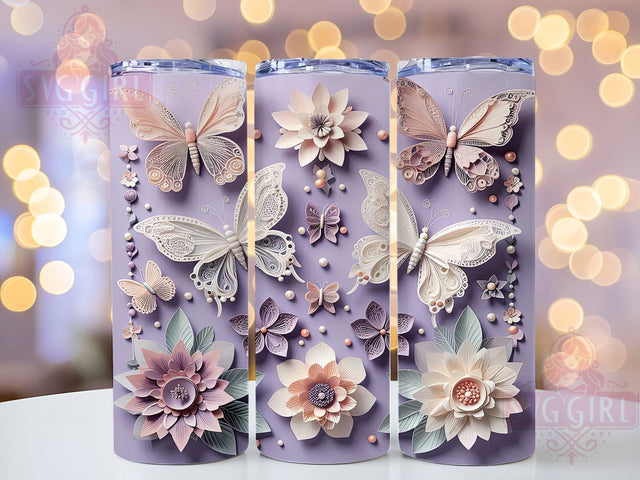 Butterfly Quilling Floral Tumbler, Floral Quilling Tumbler, 20Oz Sublimation, Paper Quill Style Design, Butterfly Floral Printable, Quilling Art Wrap, Elegant Butterfly Flowers Sublimation SvggirlplusArt 