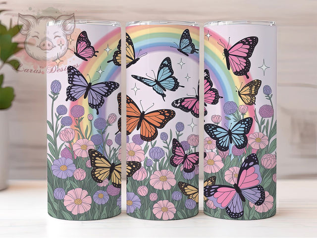 Butterfly Rainbow Wildflower Tumbler, Pink Teal Wildflower Tumbler, Stylish 20oz Wrap, Sublimation Design, Trendy Gift Idea, Glitter Flower Wrap, Botanical Rainbow Tumbler Sublimation Lara' s Designs 