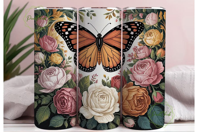 Butterfly Rose Floral 20oz Tumbler Wrap Sublimation PixelChick 