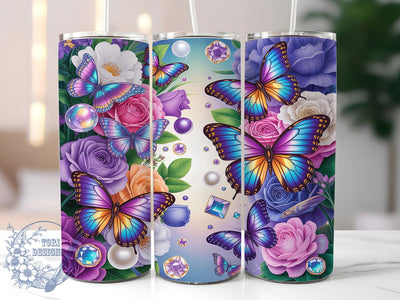 Butterfly Rose Jewel 20oz Tumbler Wrap, Butterfly Motif, Rose Pattern, Jewel Theme, Whimsical Charm, Elegant Style, Skinny Tumbler, Sublimation PNG Sublimation ToriDesigns 
